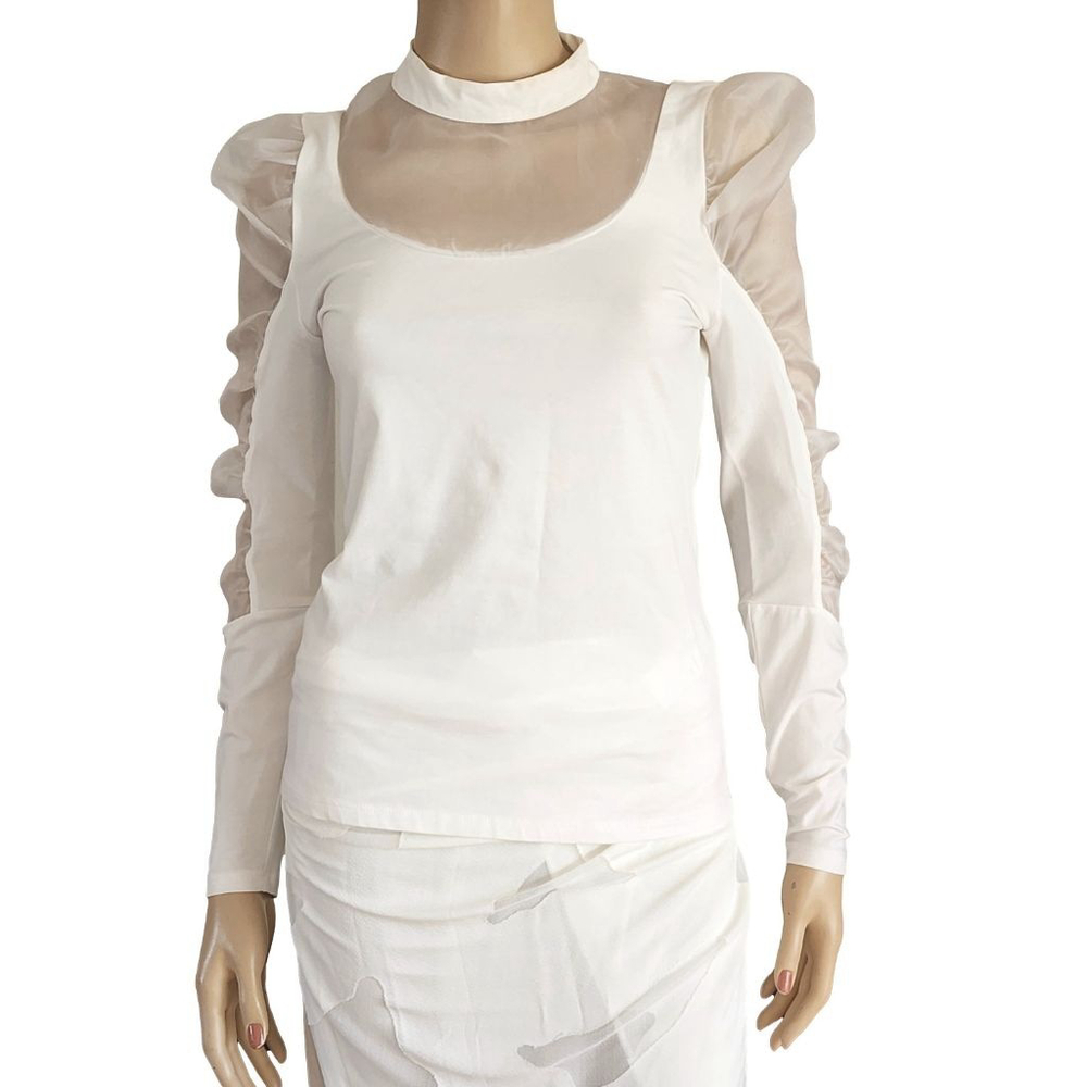 ANNE FONTAINE Edyla‎ Off White Cotton Silk Ruched Sleeve Blouse S